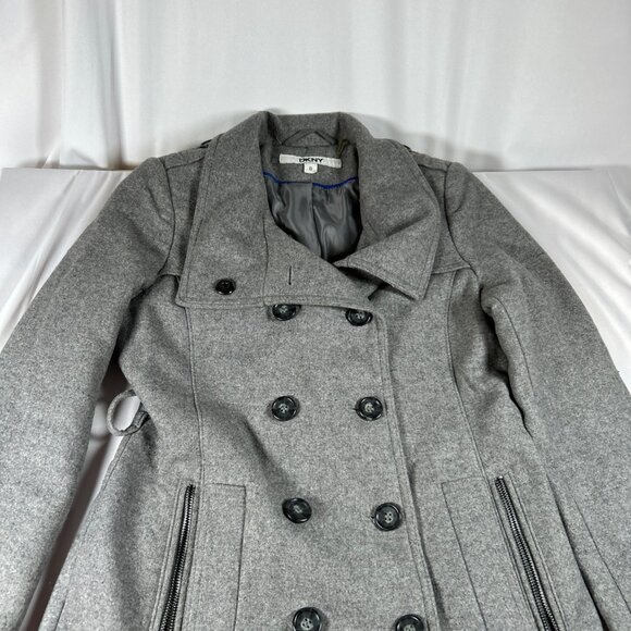 Gently Loved DKNY Women's Size 0 Double-Breasted gray Peacoat Zip Pockets READ - Picture 4 of 16